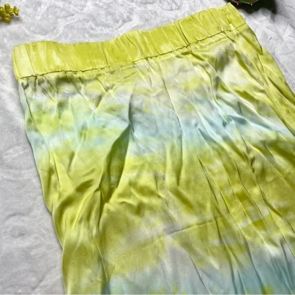 Young Fabulous & Broke Savanna Tie Dye Printed Satin Twist Midi Skirt Lime Small